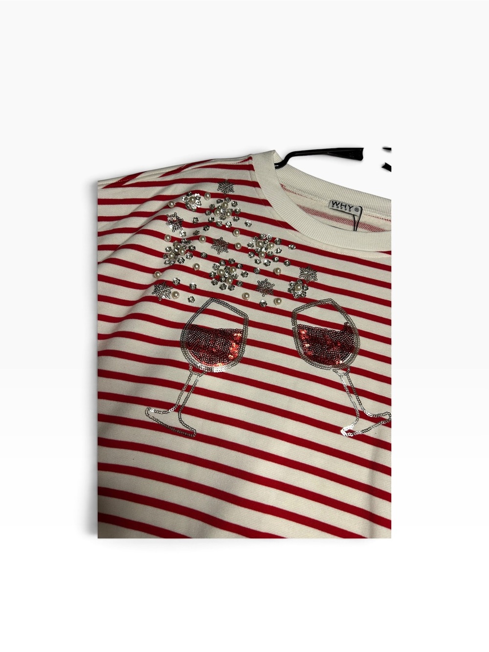 Red & White Striped Long Sleeve Top with Sequin Wine Glass Christmas Sweater